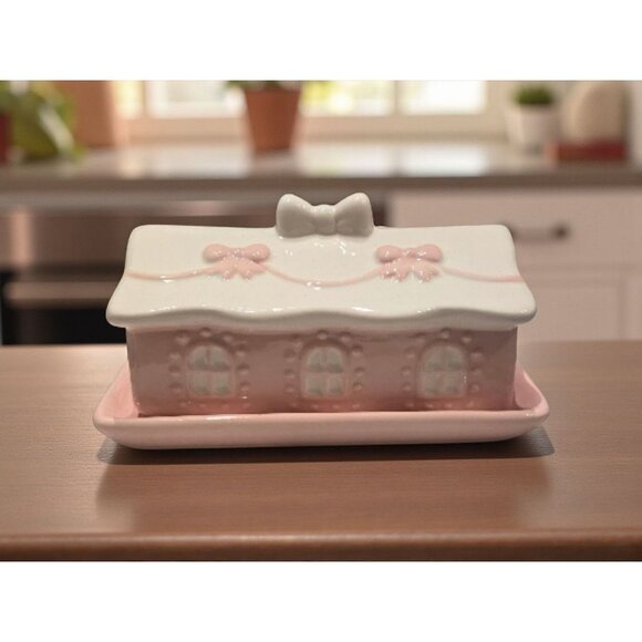 New Pink / White Ceramic Christmas Village Cottage House Bow Holiday Butter Dish - Picture 1 of 4